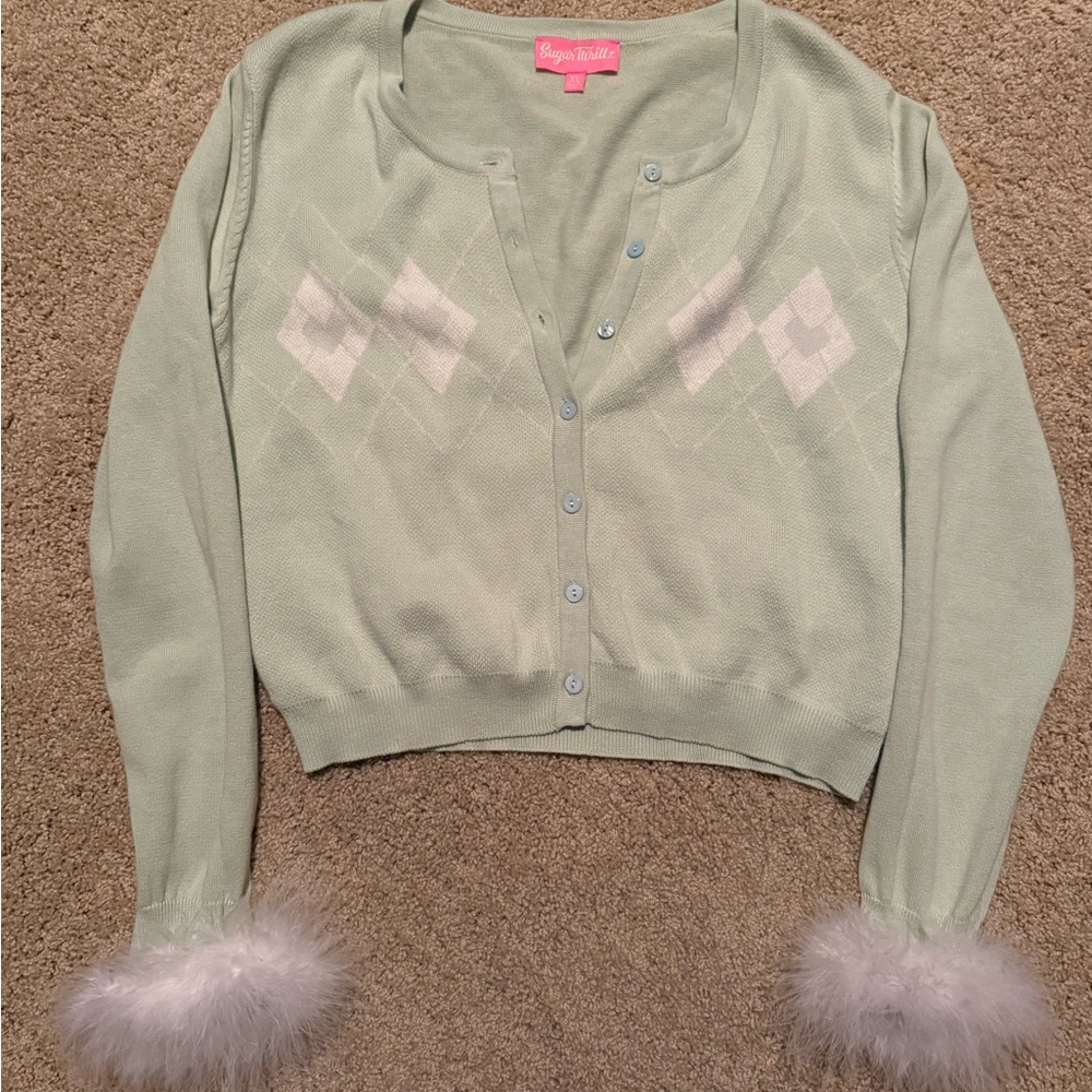 Sugar Thrillz Mint Cardigan with Fuzzy Cuffs